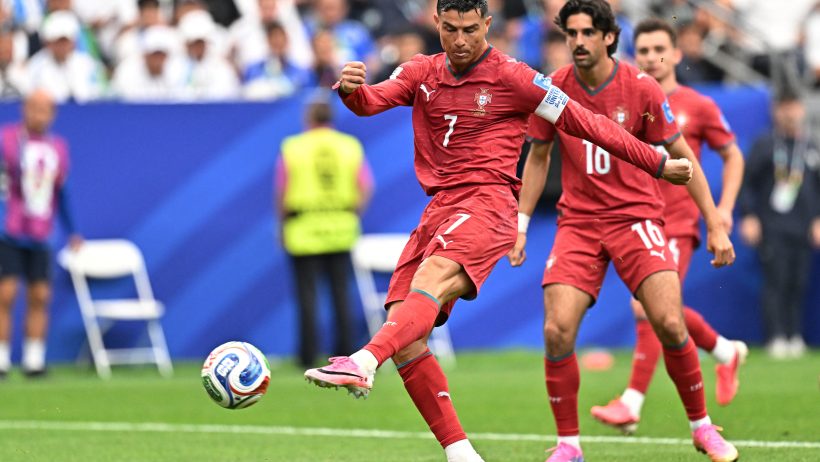 Cristiano Ronaldo striking the ball for Portugal in the 2026 FIFA World Cup.