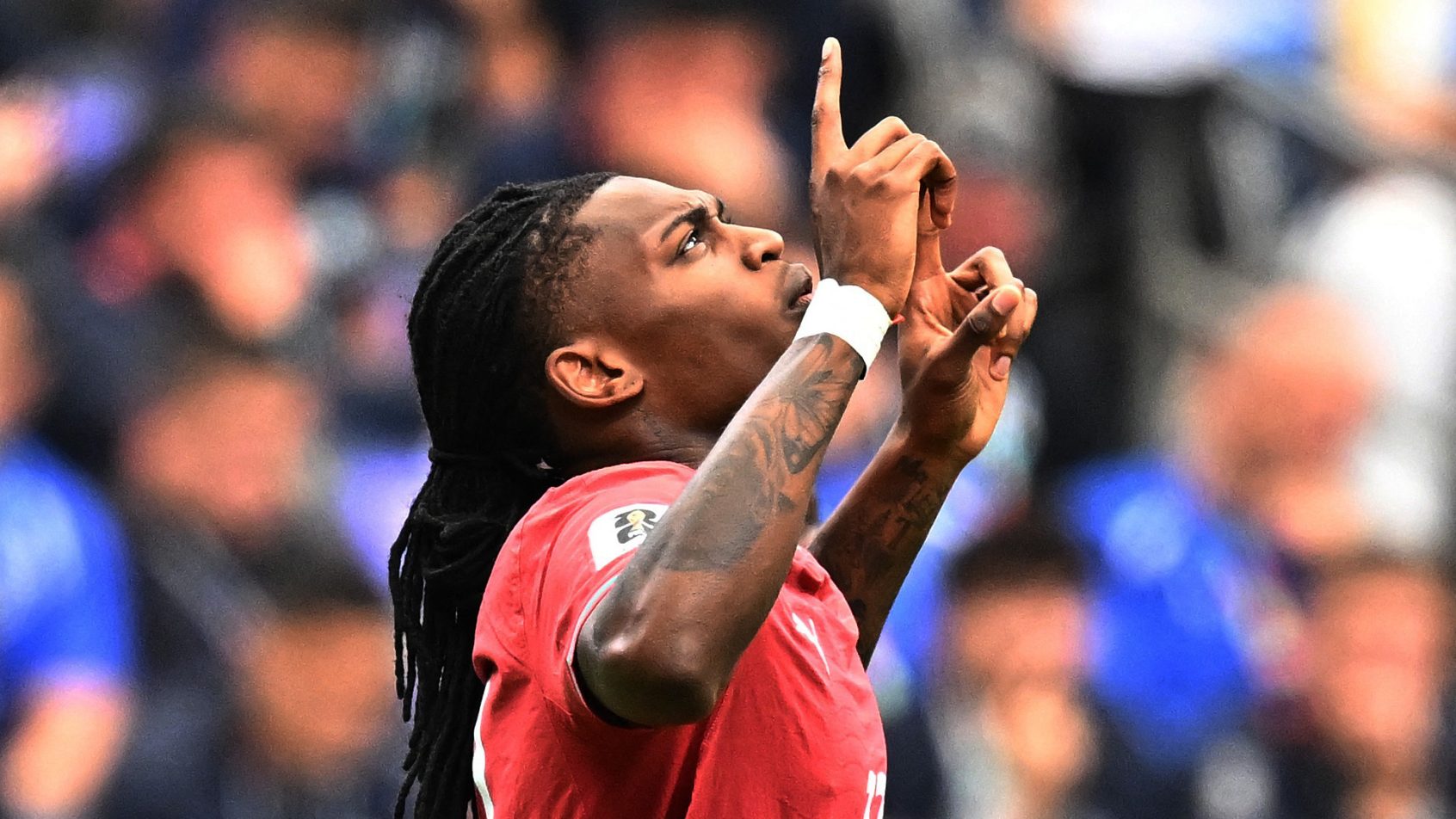 Portugal's Rafael Leao points to the heavens