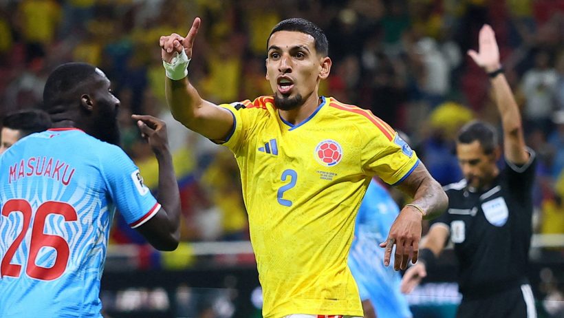 Daniel Munoz celebrating a goal for Colombia in the 2026 FIFA World Cup.