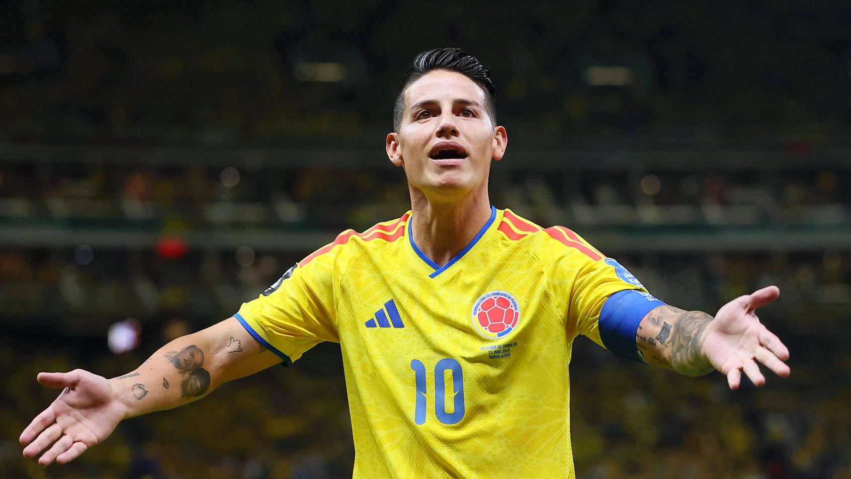 James Rodriguez reacts to a call in Colombia's match vs DR Congo at the World Cup.