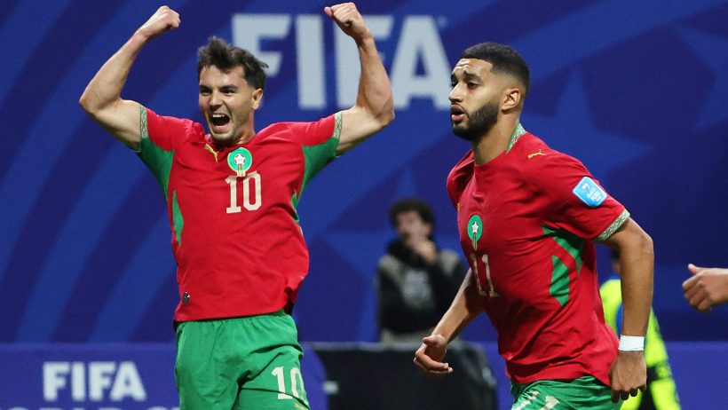 Ismael Saibari celebrating a goal with Morocco in the 2026 FIFA World Cup.