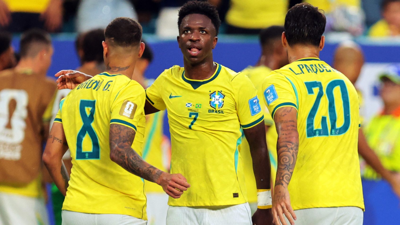 Vinicius Junior celebrating a goal with Brazil.
