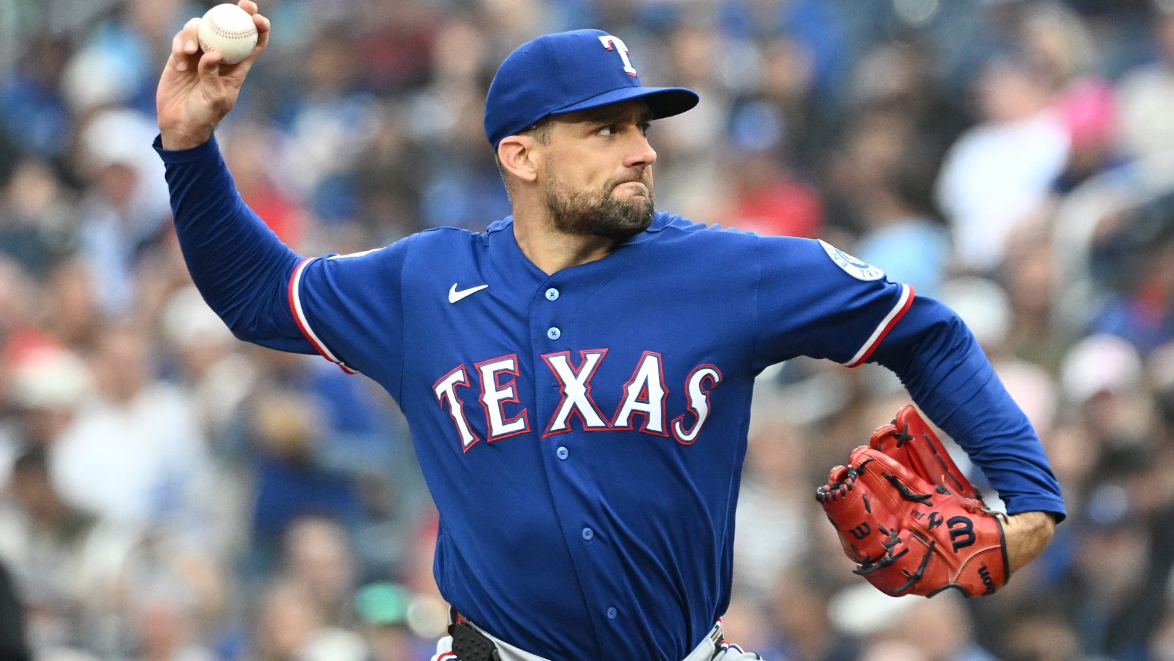 Nathan Eovaldi pitching for the Texas Rangers in the 2026 MLB season.