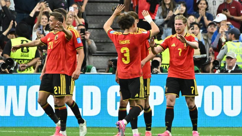 Kevin De Bruyne celebrating a goal with Belgium in the 2026 FIFA World Cup.