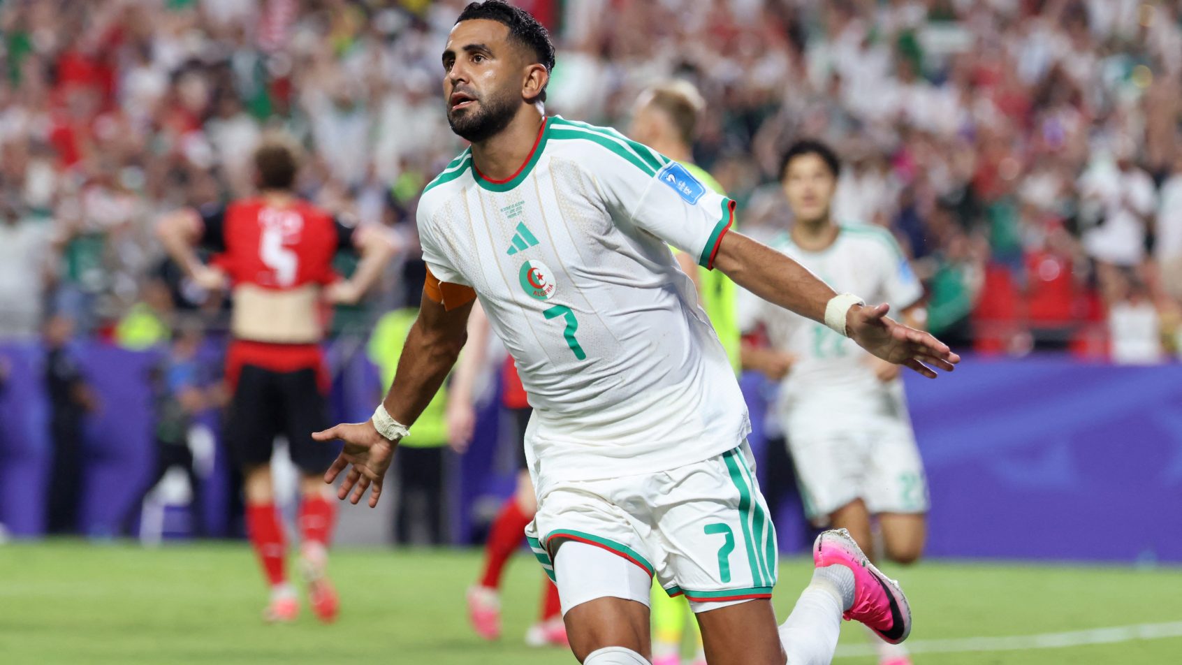Riyad Mahrez celebrating a goal for Algeria in the 2026 FIFA World Cup.