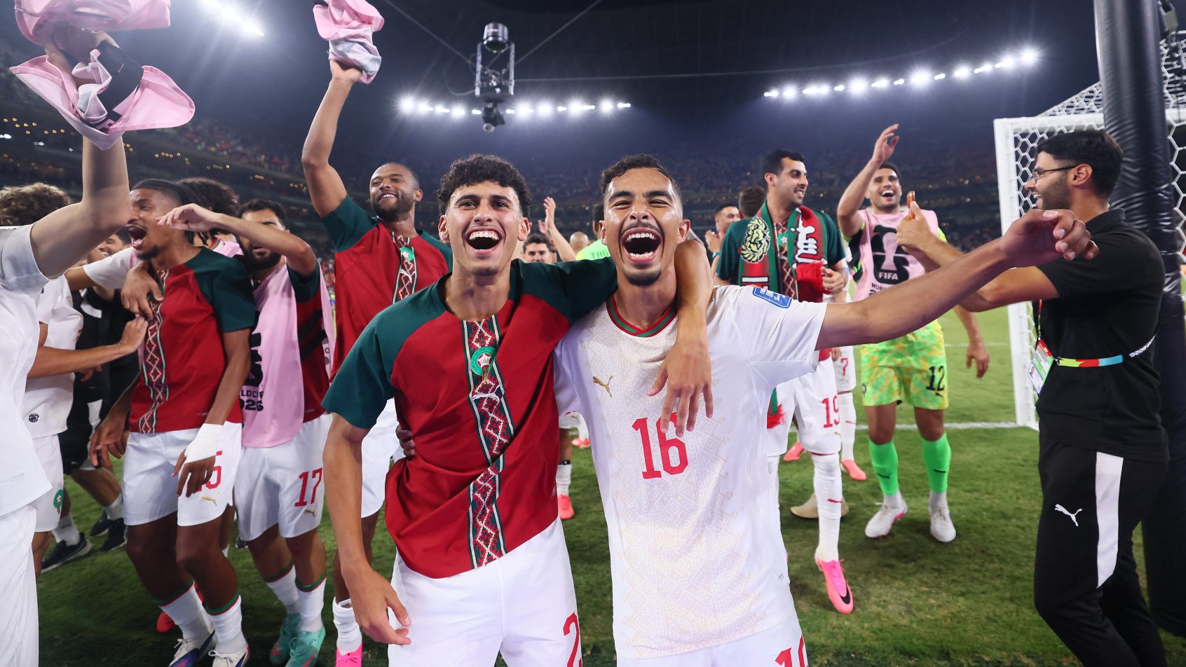 Morocco celebrates a World Cup victory over Netherlands.
