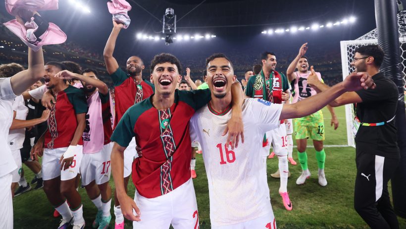 Morocco celebrates a World Cup victory over Netherlands.