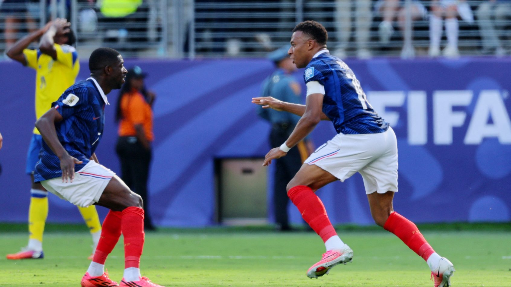France's Kylian Mbappe and Ousmane Dembele celebrating a goal