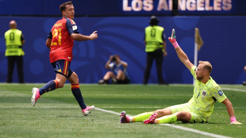 Spain's Mikel Oyarzabal scoring a goal