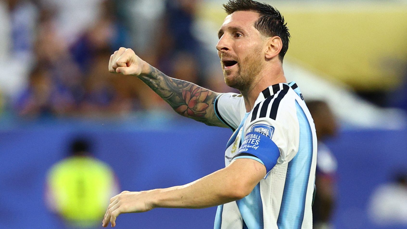 Lionel Messi celebrates an Argentina goal at the World Cup.
