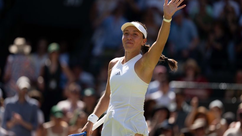 Jessica Pegula celebrates after a victory at Wimbledon.