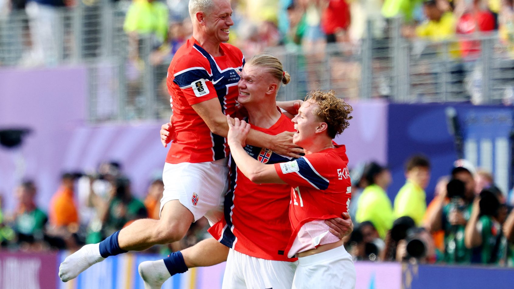 Norway's Erling Haaland celebrates a goal with teammates