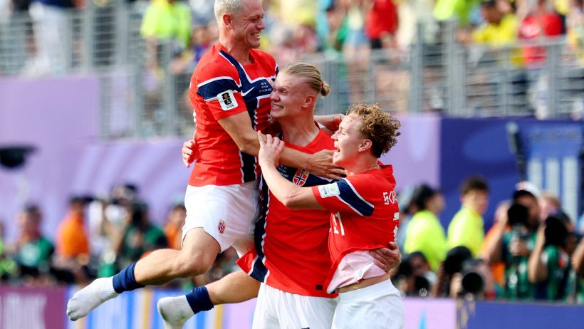 Norway's Erling Haaland celebrates a goal with teammates