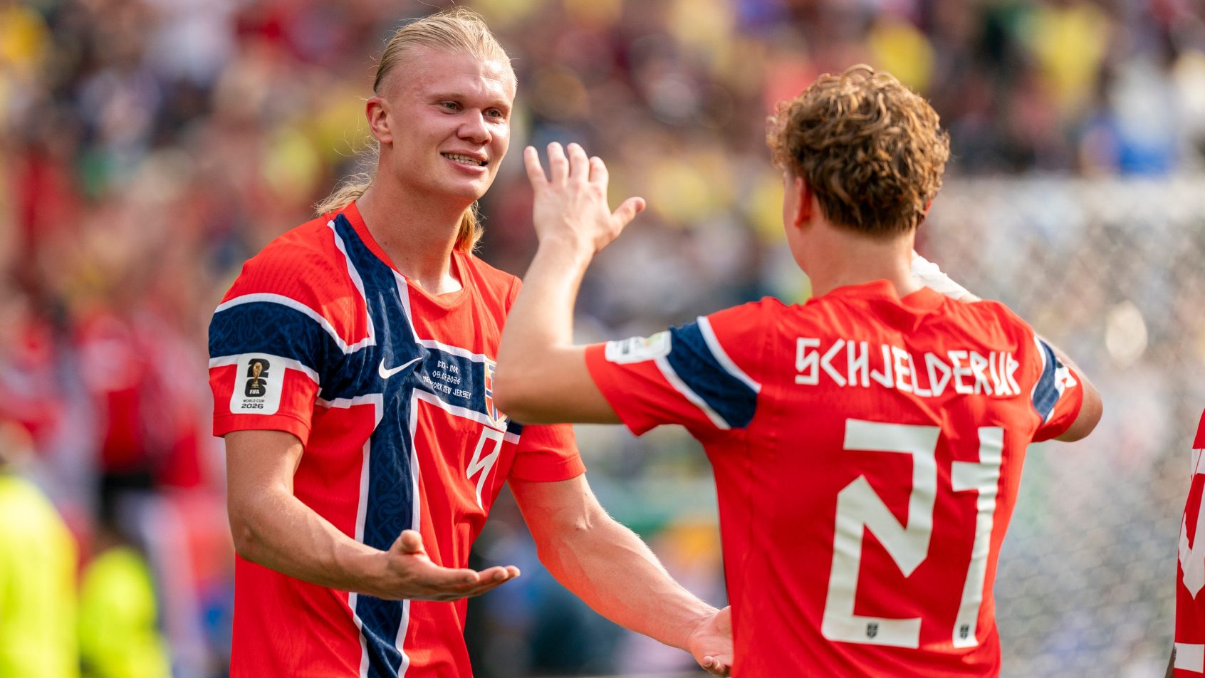 Norway forward Erling Haaland celebrating a goal with forward Andreas Schjelderup