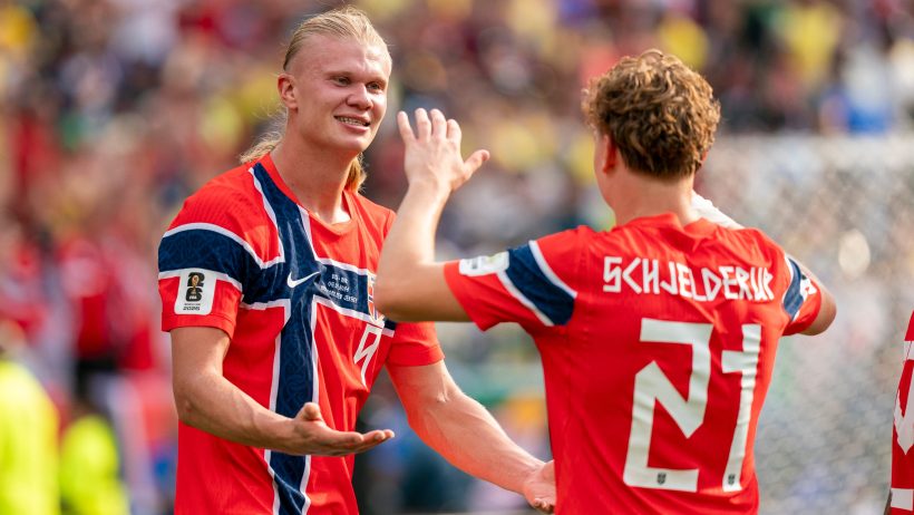 Norway forward Erling Haaland celebrating a goal with forward Andreas Schjelderup
