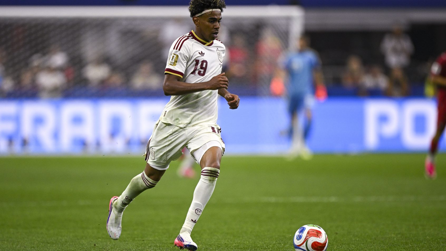 Spain forward Lamine Yamal with the ball