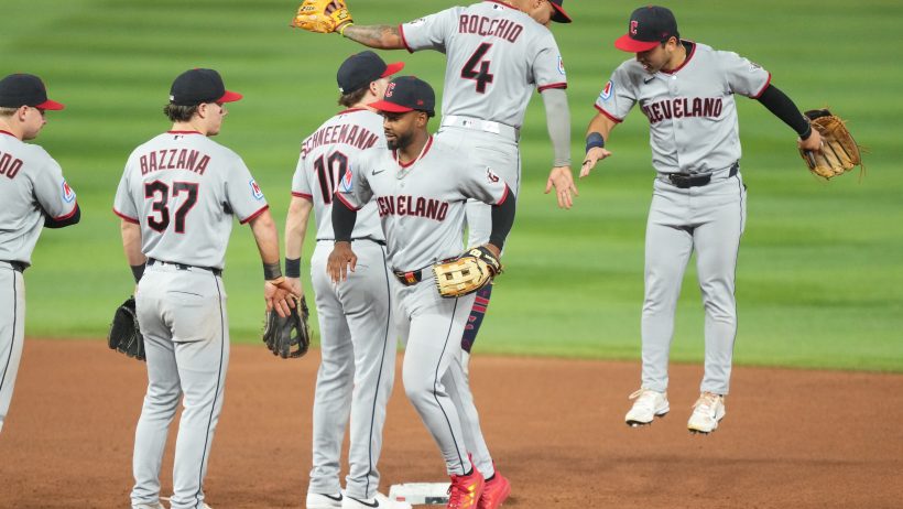 The Cleveland Guardians celebrate a win.