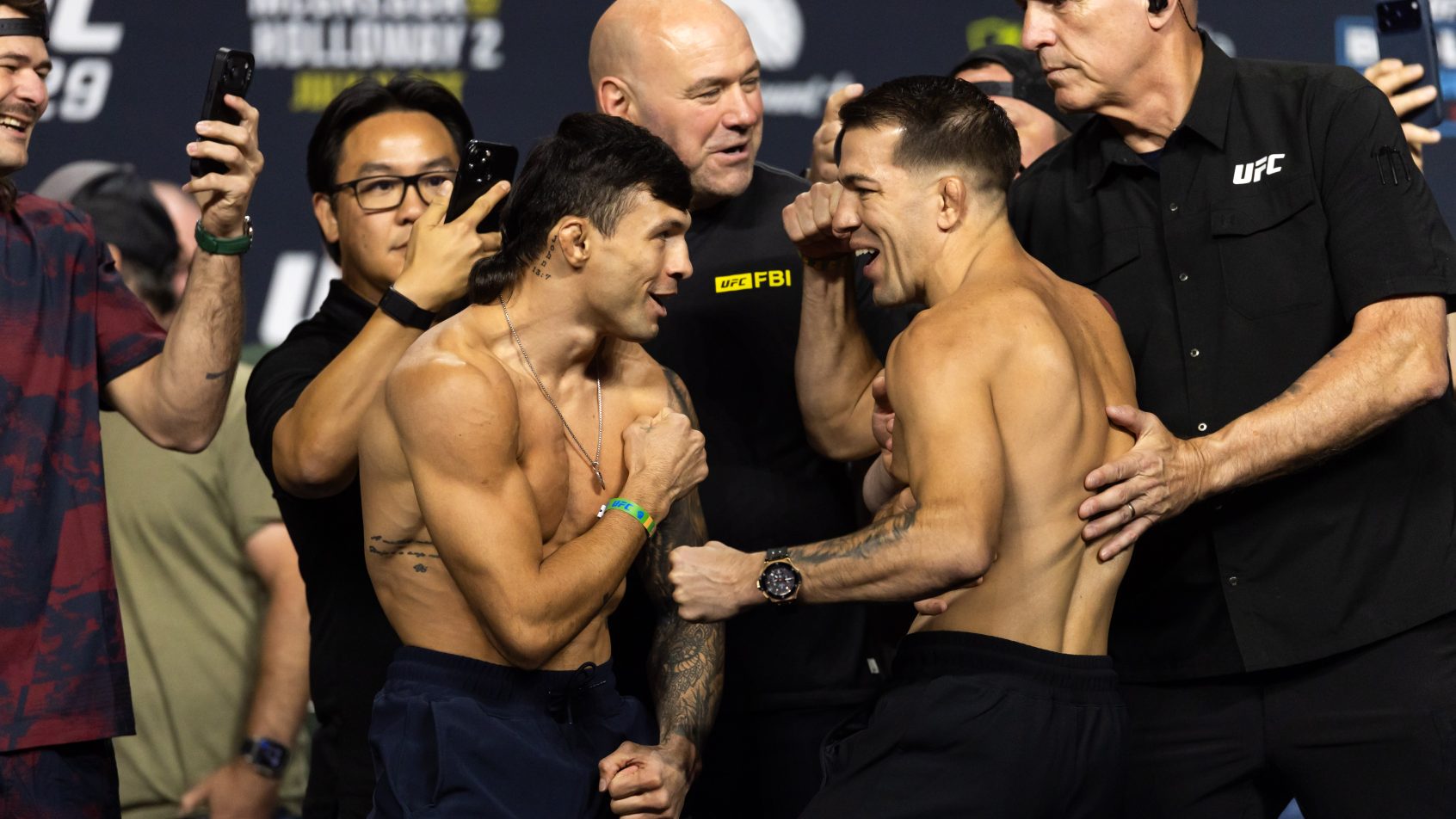Alessandro Costa faces off with Cody Durden during weigh ins for UFC 329