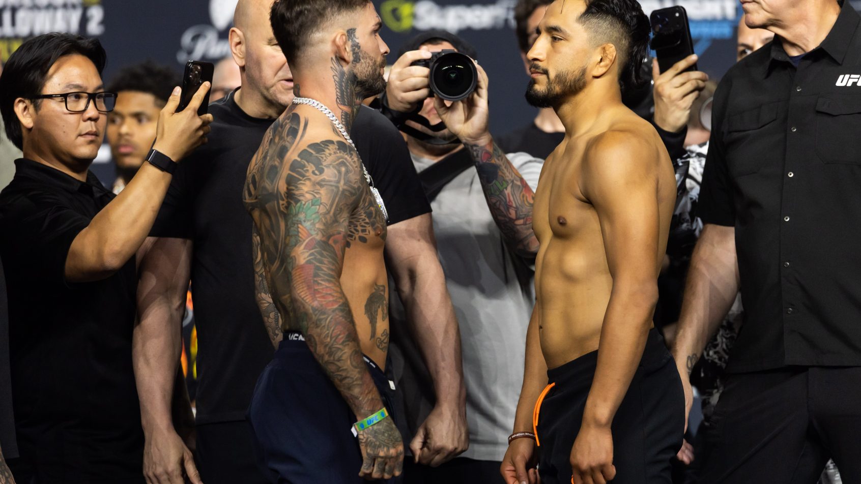 Cody Garbrandt stares down Adrian Yanez ahead of their UFC 329 fight.