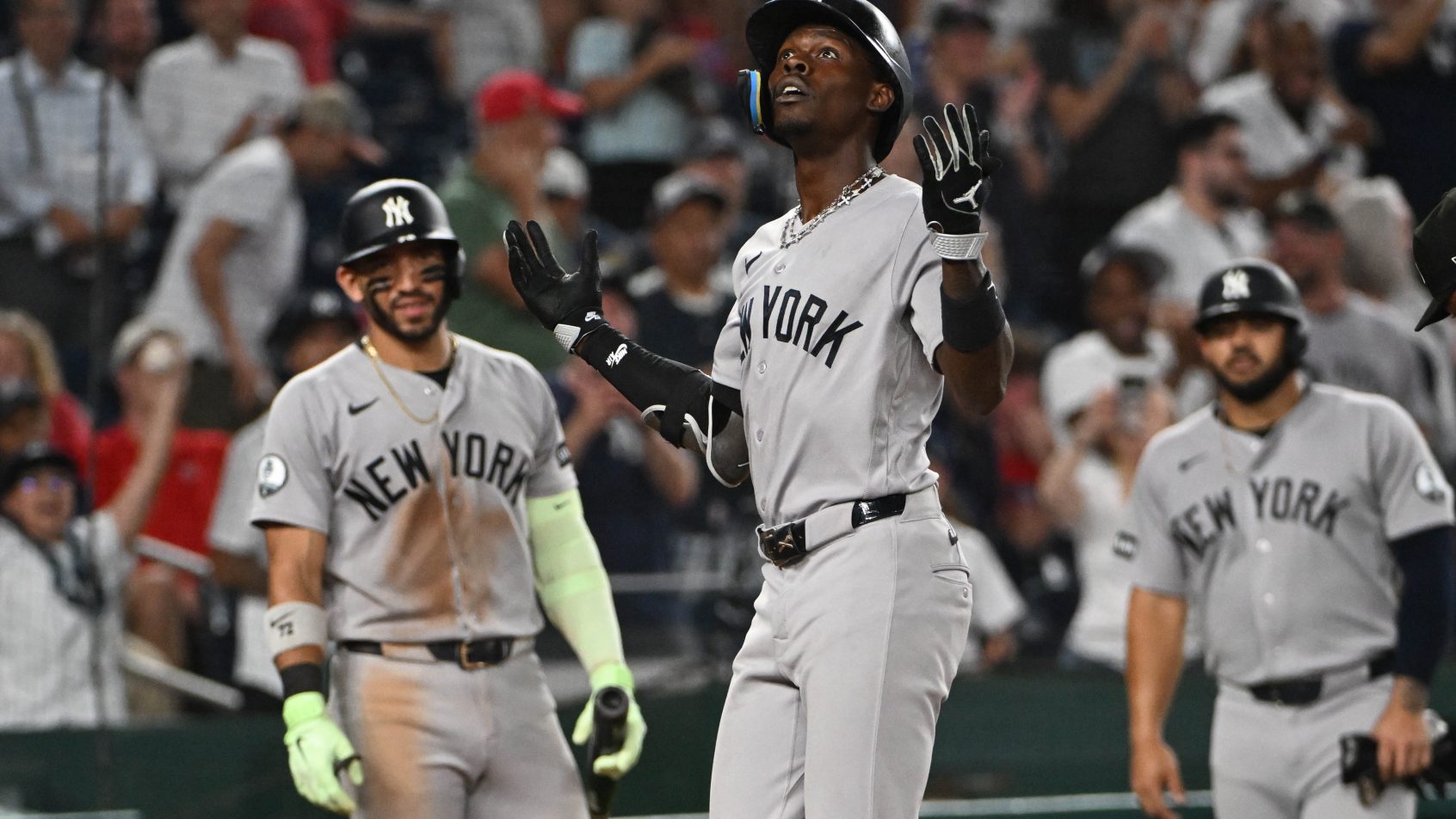 Jazz Chisholm Jr. celebrates a home run vs the Nationals.
