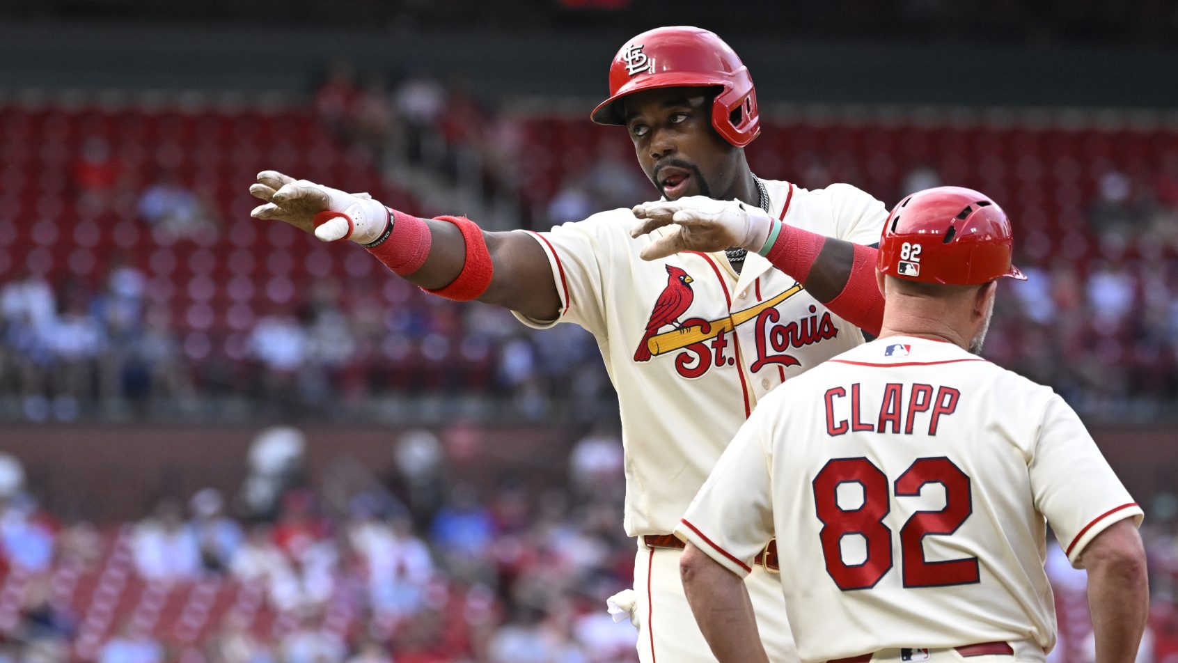 Jordan Walker celebrates a hit versus the Braves.