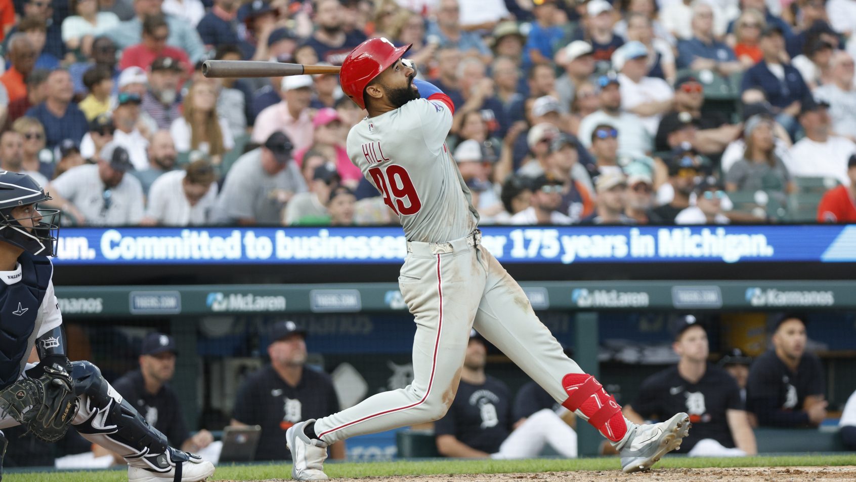 Philadelphia Phillies center fielder Derek Hill hits the ball
