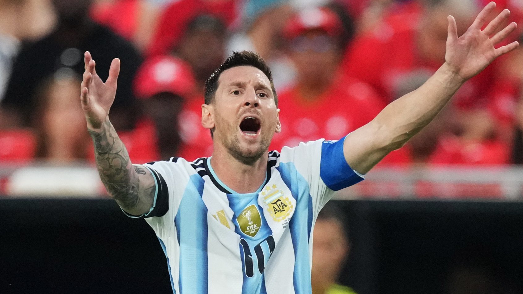 Lionel Messi reacts during Argentina's quarterfinal win at the World Cup.