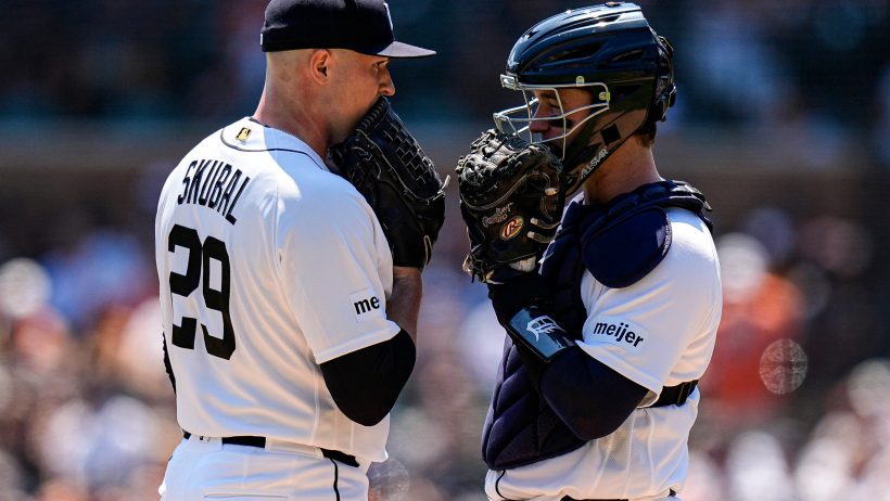 Tarik Skubal speaking to his catcher