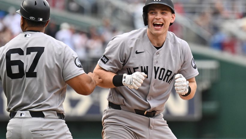 Ben Rice celebrates a hit versus the Nationals.