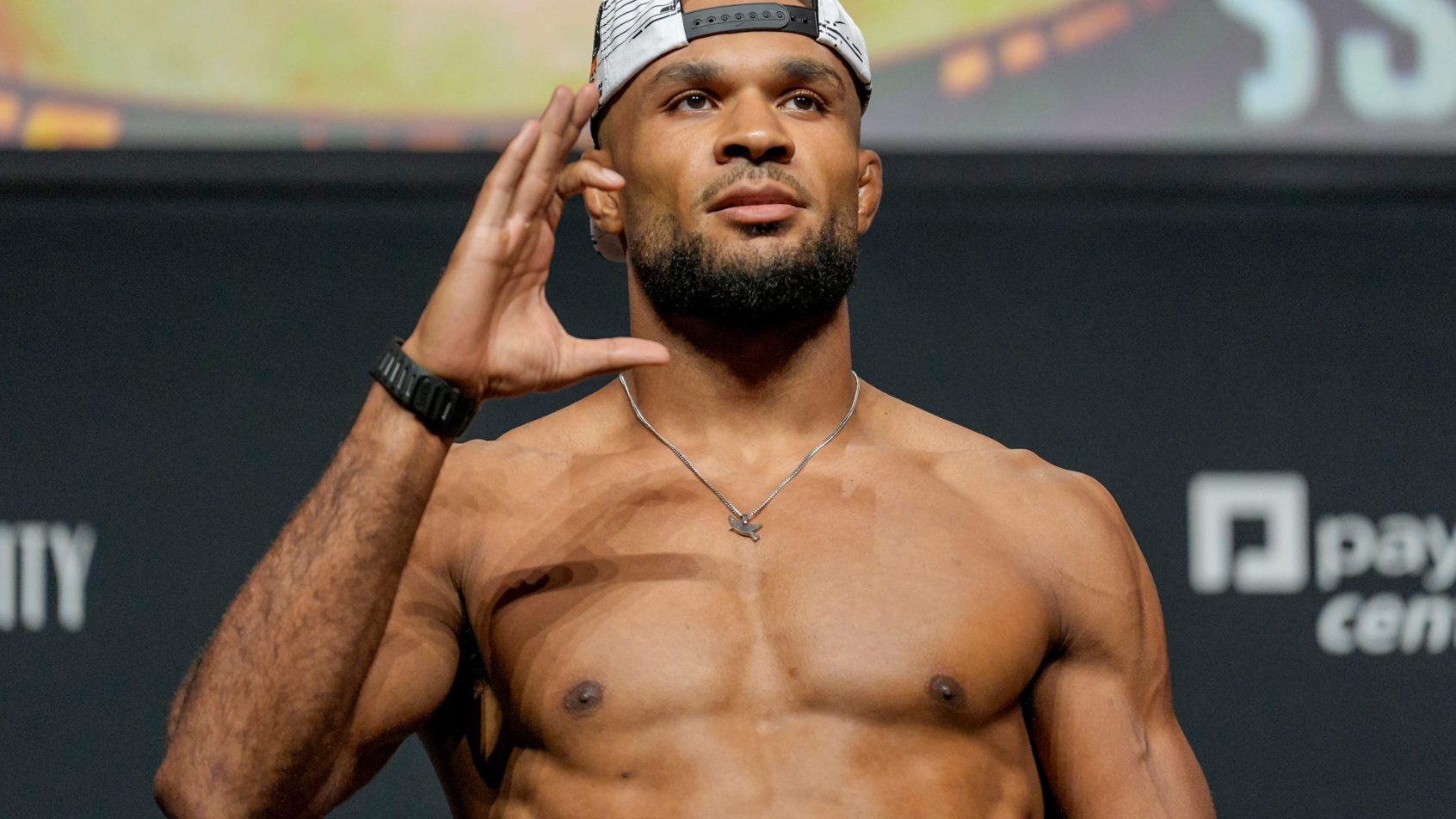 Christian Duncan on stage during the weigh-in for his UFC Oklahoma City fight.