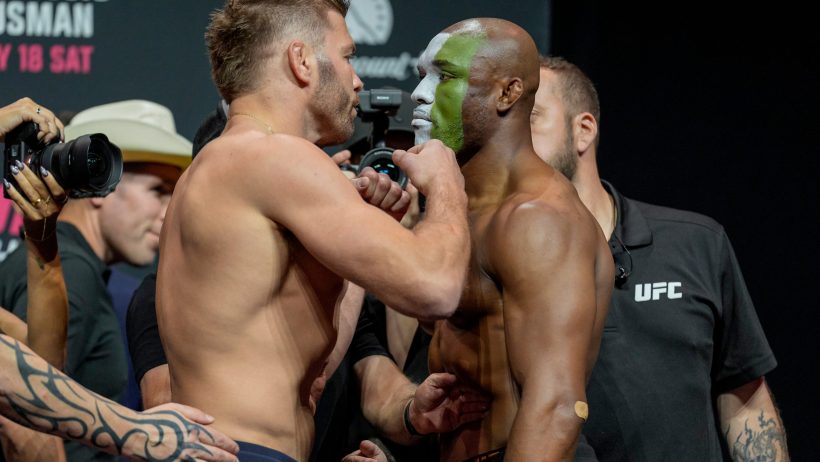 Dricus Du Plessis (left) and Kamaru Usman (right) face off during the ceremonial weigh-in for UFC Fight Night at Paycom Center in Oklahoma City on Friday, July 17, 2026.