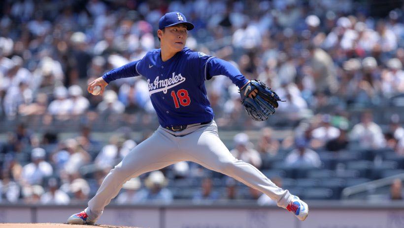 Yoshinobu Yamamoto pitching for the Dodgers in the 2026 MLB season.