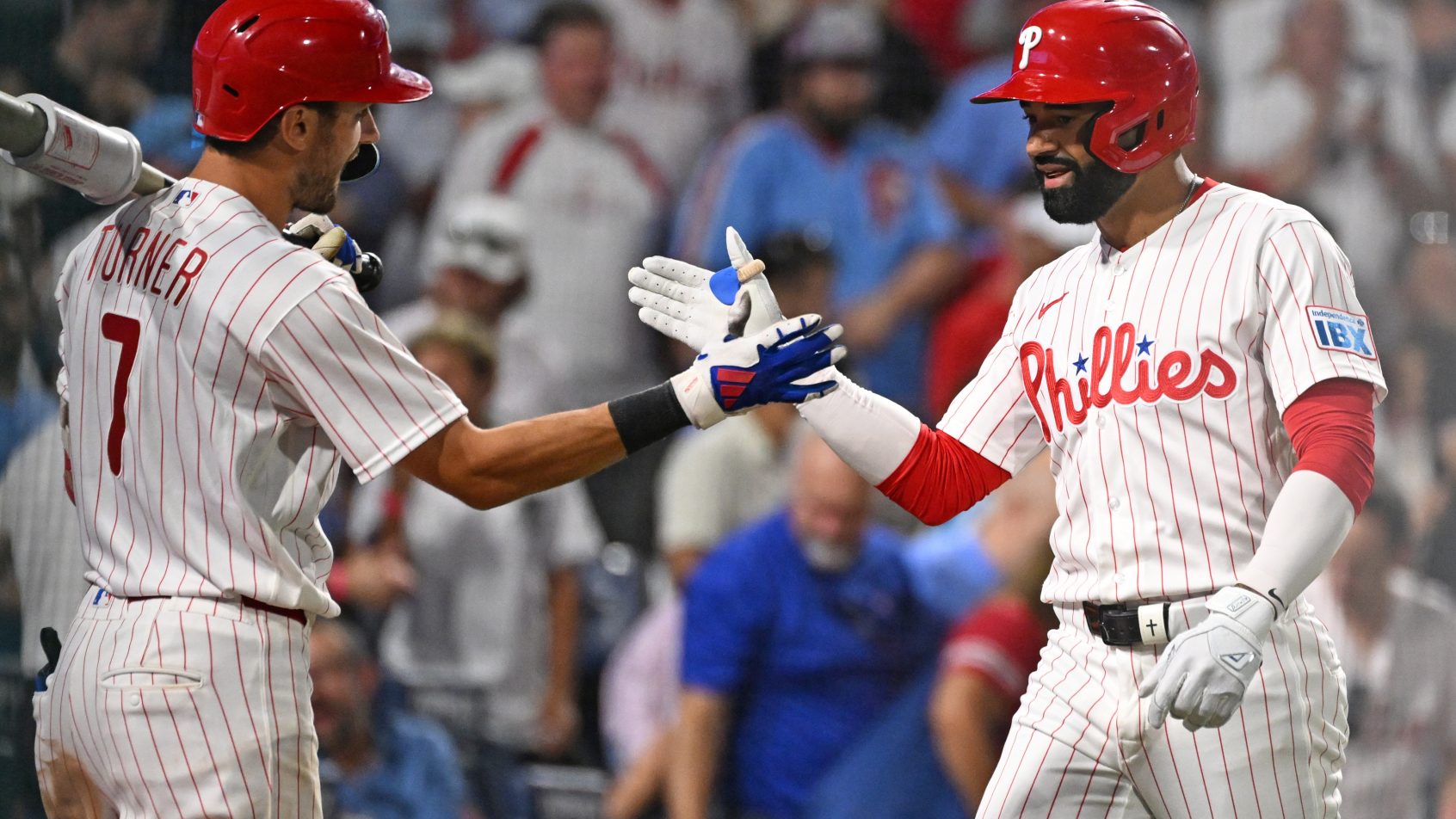 The Phillies celebrate a home run vs the Dodgers.