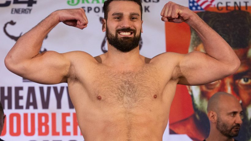 Guido Vianello stands on a scale during Top Rank weigh-ins at the American Bank Center on Friday, April 12, 2024, in Corpus Christi, Texas.