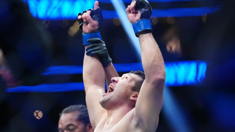 Diyar Nurgozhay celebrates a victory at UFC 326.