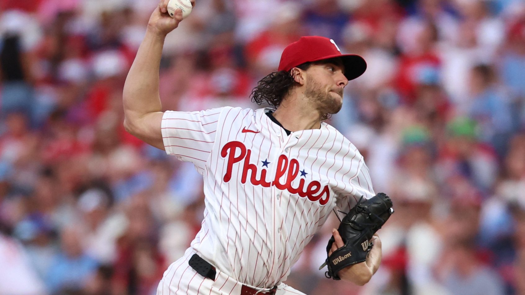 Aaron Nola delivers a pitch versus the Dodgers.