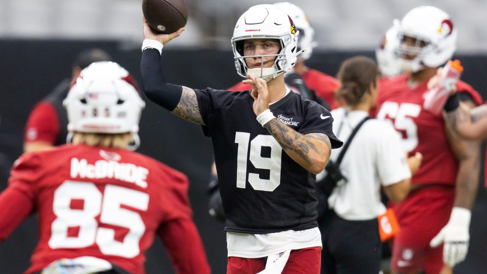 Carson Beck delivers a pass in practice to Trey McBride.