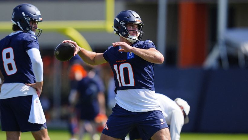 Bo Nix fires a pass during Broncos training camp.