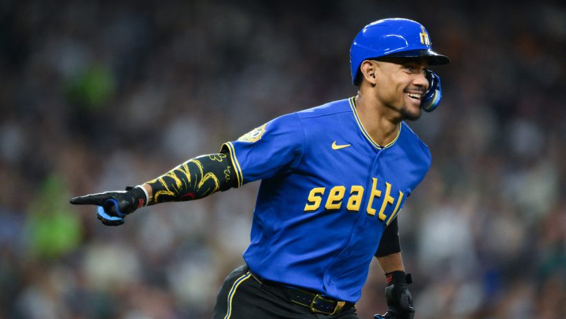 Julio Rodriguez celebrates a home run versus the Twins.