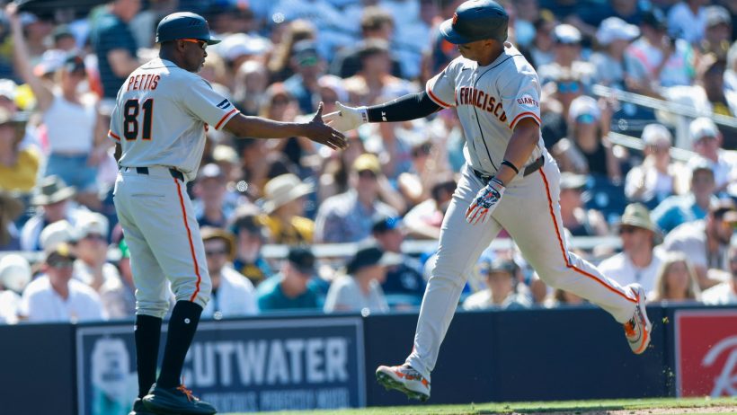 Rafael Devers celebrating a home run for the San Francisco Giants in the 2026 MLB regular season.