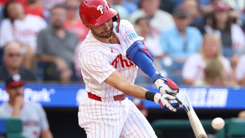 Trea Turner smacks a hit vs the Nationals.