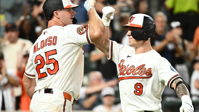The Orioles celebrate a home run vs the Angels.