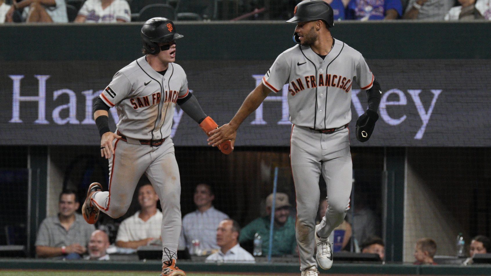 Drew Gilbert and Grant McCray celebrating for the San Francisco Giants in the 2026 MLB season.