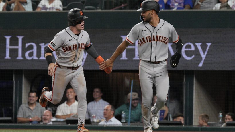 Drew Gilbert and Grant McCray celebrating for the San Francisco Giants in the 2026 MLB season.