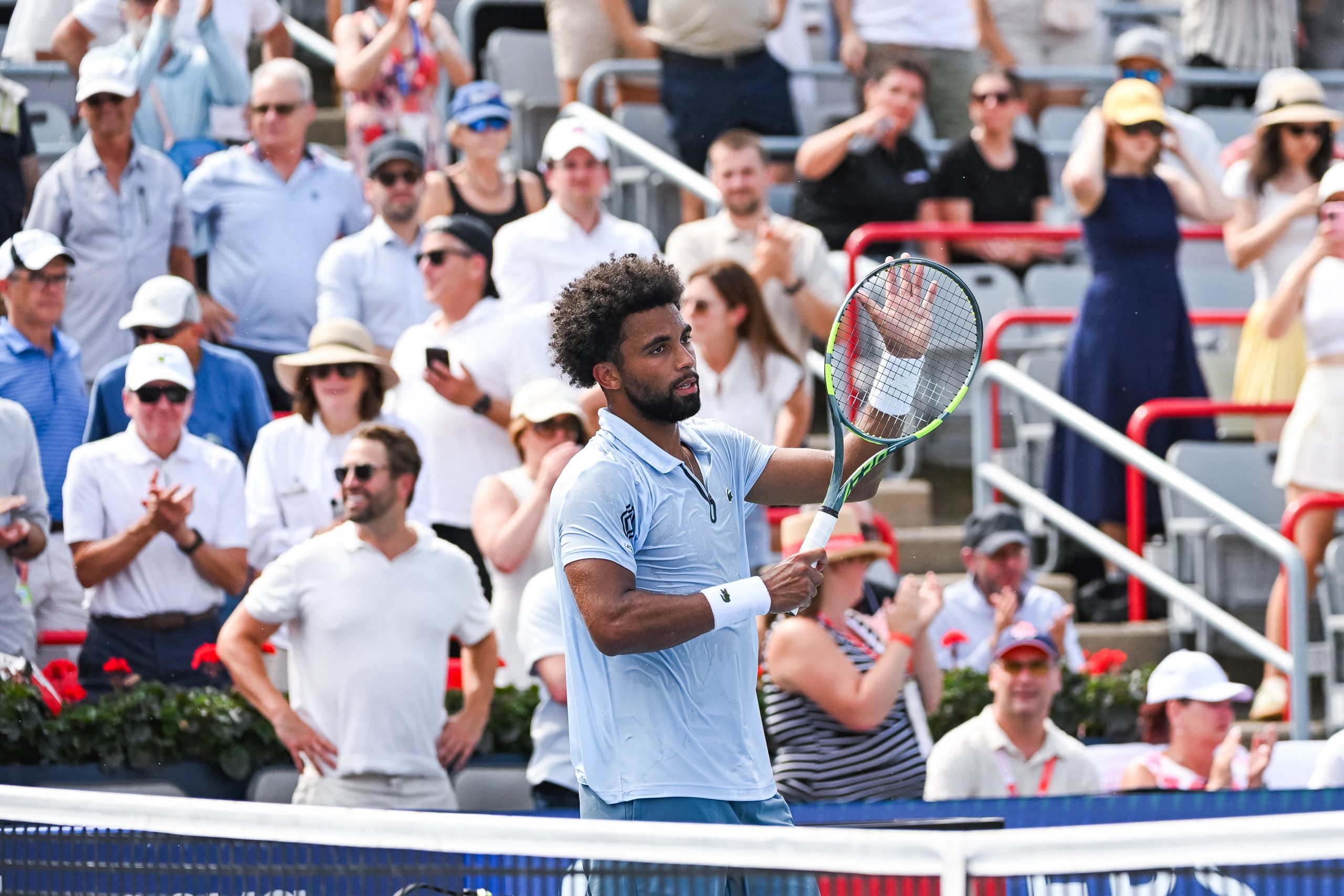 Arthur Fils celebrates a third-round victory at IGA Stadium in Montreal during the 2026 ATP tournament.
