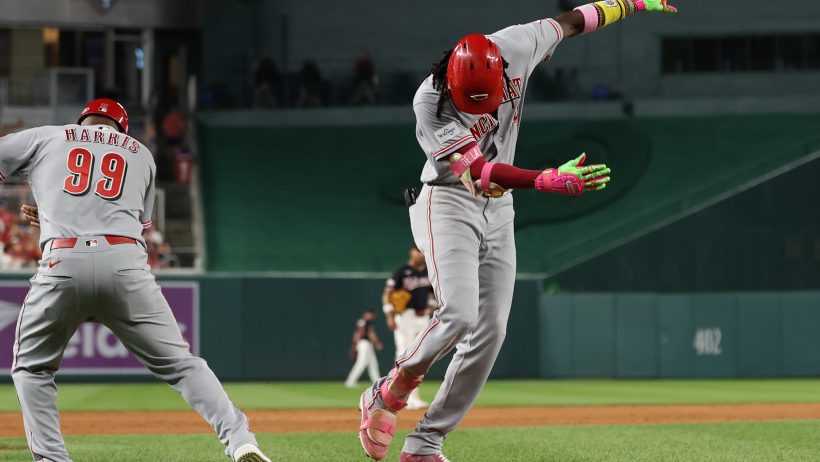 Elly De La Cruz celebrates a home run.