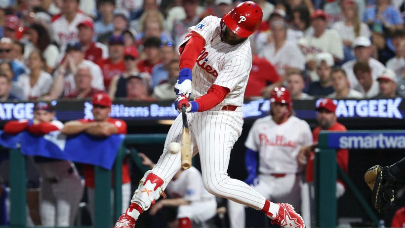 Bryce Harper smacks a hit versus the Blue Jays.