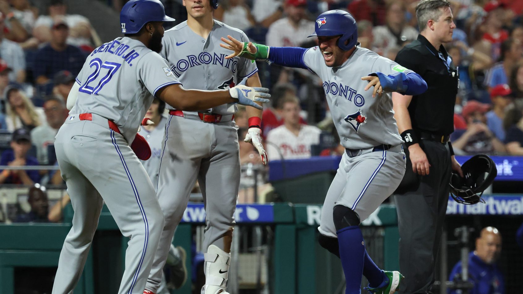 Vladimir Guerrero celebrating with the Toronto Blue Jays in the 2026 MLB season.