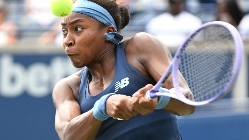 Coco Gauff smacks a backhand at the National Bank Open.
