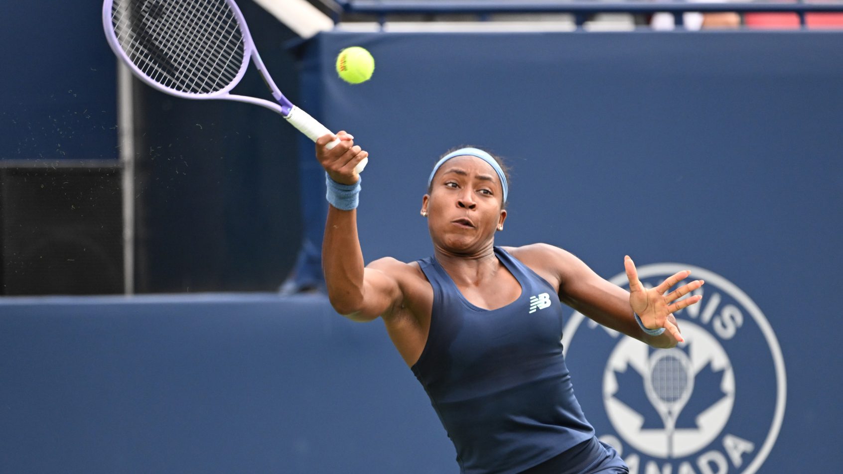 Coco Gauff hits a forehand during play at the National Bank Open.